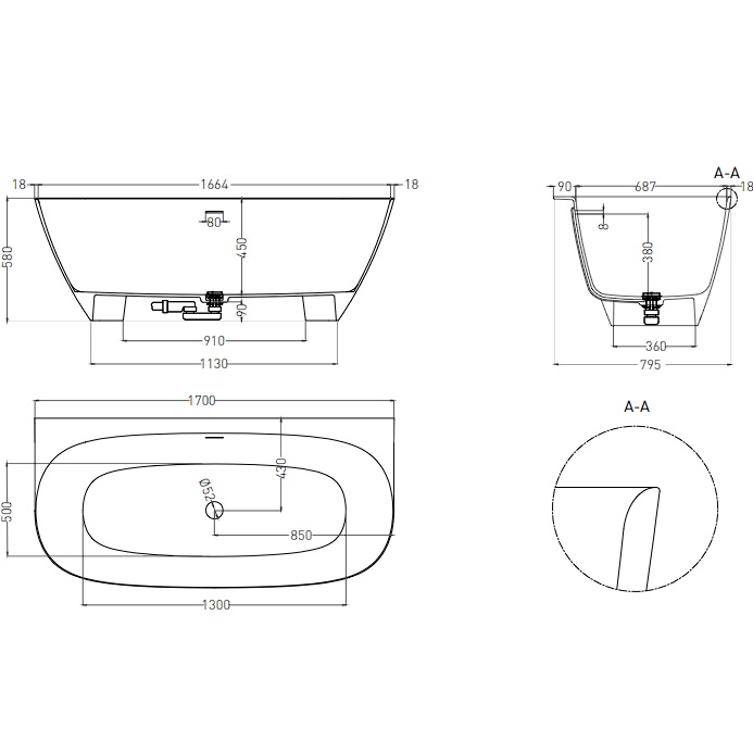 Ванна пристенная Salini S-Stone Sofia Wall 102522MF 170x80x58 (покраска RAL полностью матовый), донный клапан, сифон, слив-перелив