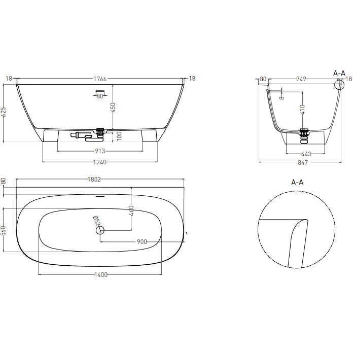 Ванна пристенная Salini S-Stone Sofia Wall 102523MF 180x85x61.5 (покраска RAL полностью, матовый), донный клапан, сифон, слив-перелив