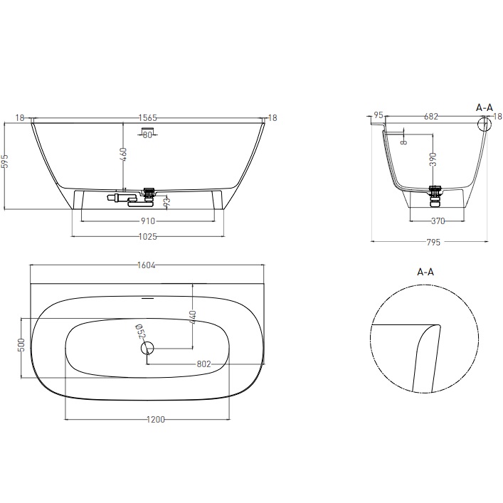 Ванна пристенная Salini S-Stone Sofia Wall 102527M 160x80x59 (белый матовый), донный клапан, сифон, слив-перелив