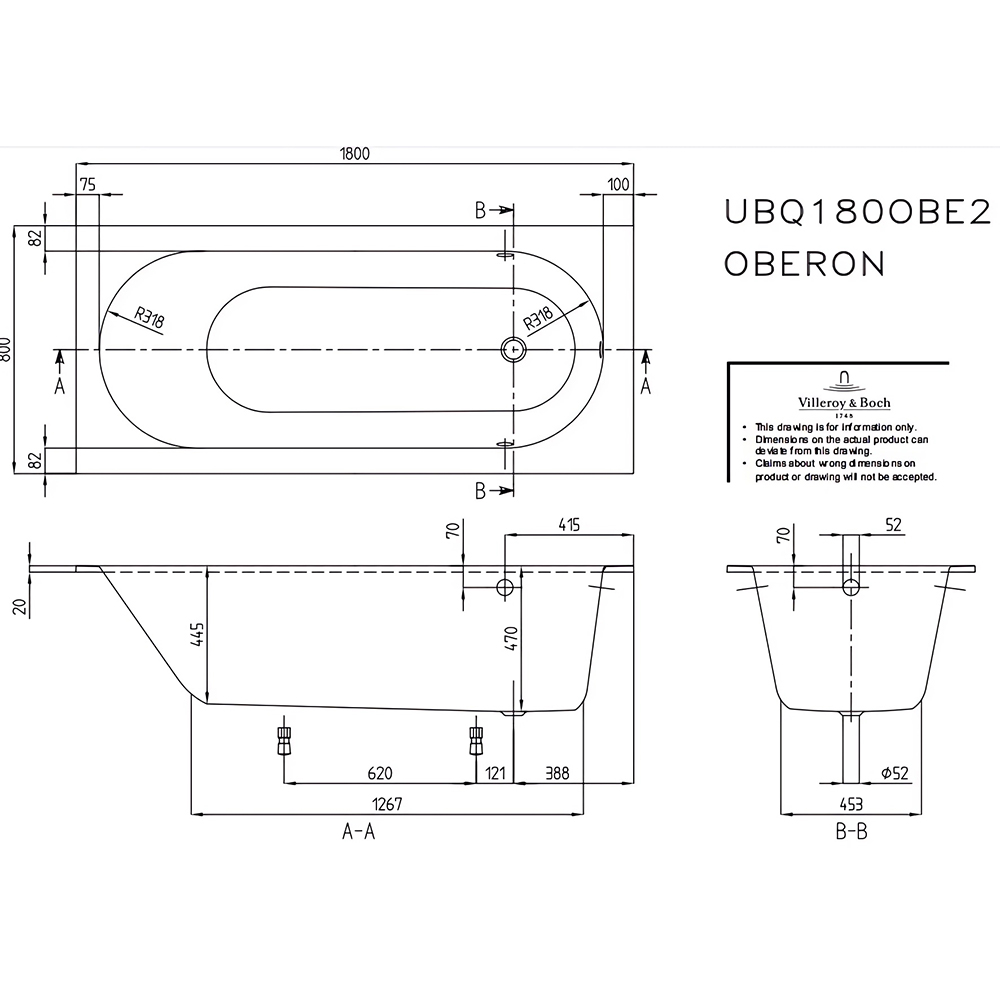 Ванна пристенная Villeroy & Boch Oberon UBQ180OBE2V-01 180х80 (белый)