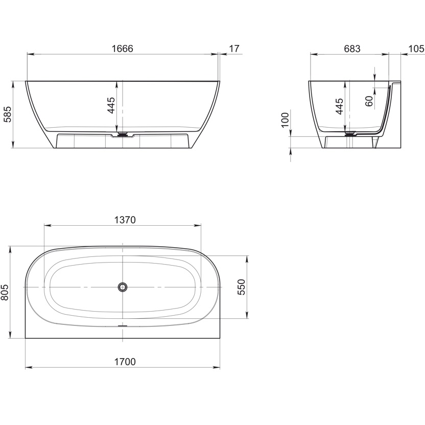 Ванна пристенная Whitecross Make 0219.170080.200 170x80 см, (белый матовый), иск. камень