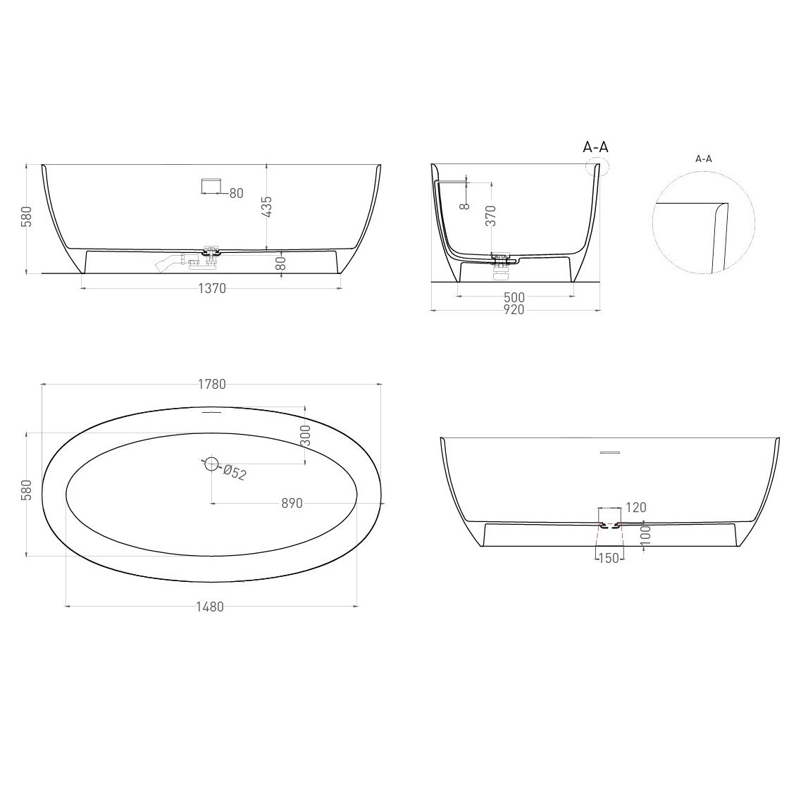 Ванна свободностоящая Salini S-Sense Alda 101911GRF 178x92x58 (покраска RAL полностью), донный клапан, сифон, слив-перелив