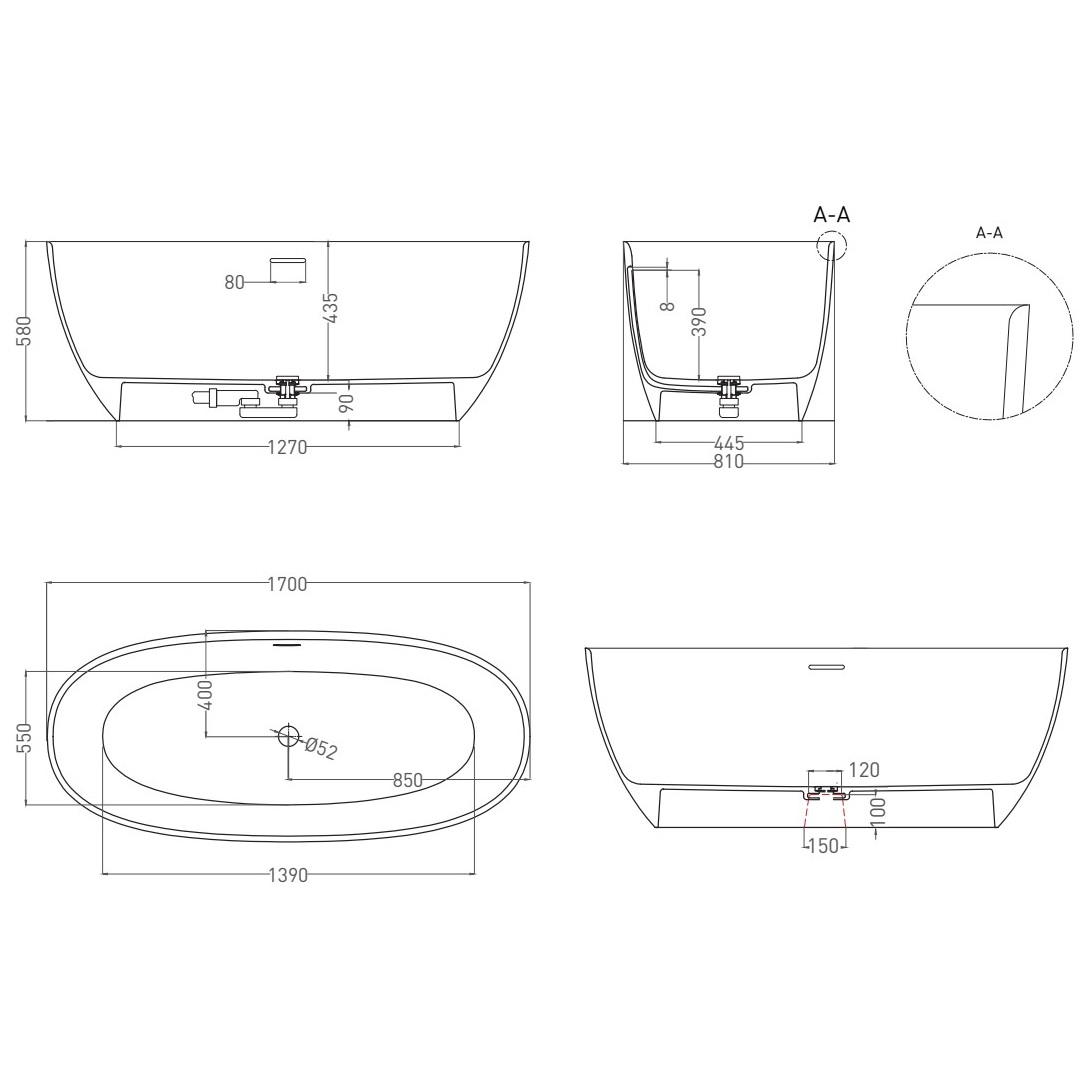 Ванна свободностоящая Salini S-Sense Alda 101912G 170x80x59.5 (белый глянцевый), донный клапан, сифон, слив-перелив