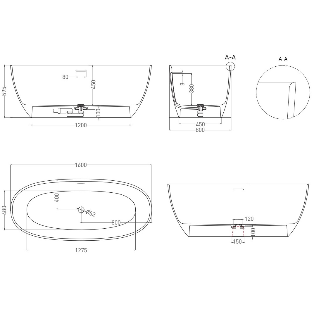 Ванна свободностоящая Salini S-Sense Alda 101913G 160x80x57.5 (белый глянцевый), донный клапан, сифон, слив-перелив