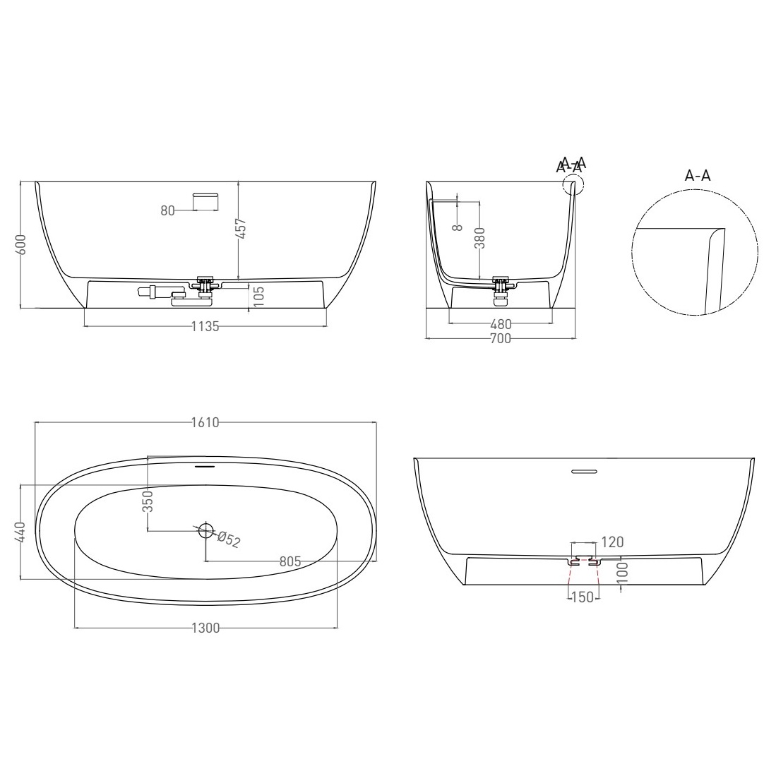 Ванна свободностоящая Salini S-Sense Alda 101914GRF 160x70x60 (покраска RAL полностью), донный клапан, сифон, слив-перелив