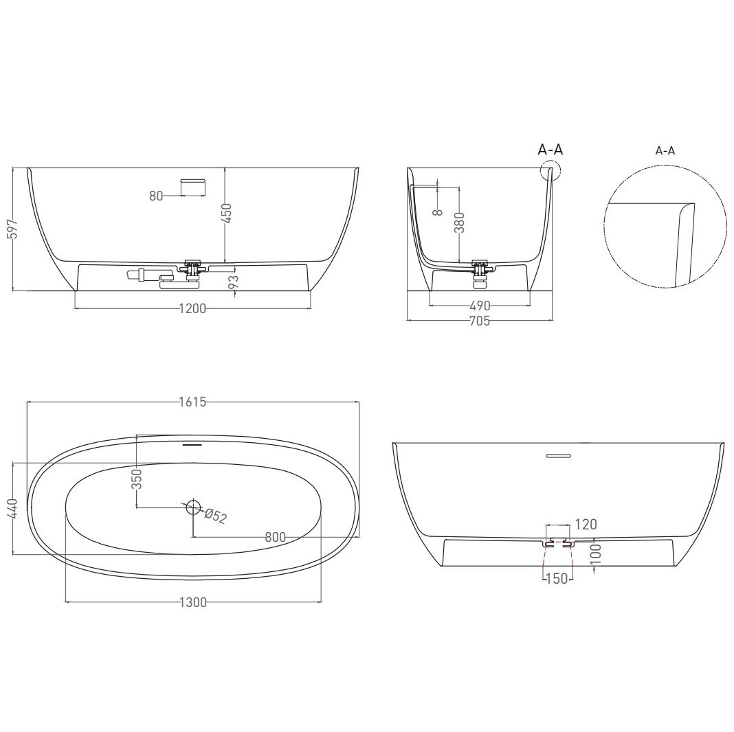 Ванна свободностоящая Salini S-Sense Alda 101914GRH 160x70x60 (белый, покраска RAL снаружи), донный клапан, сифон, слив-перелив