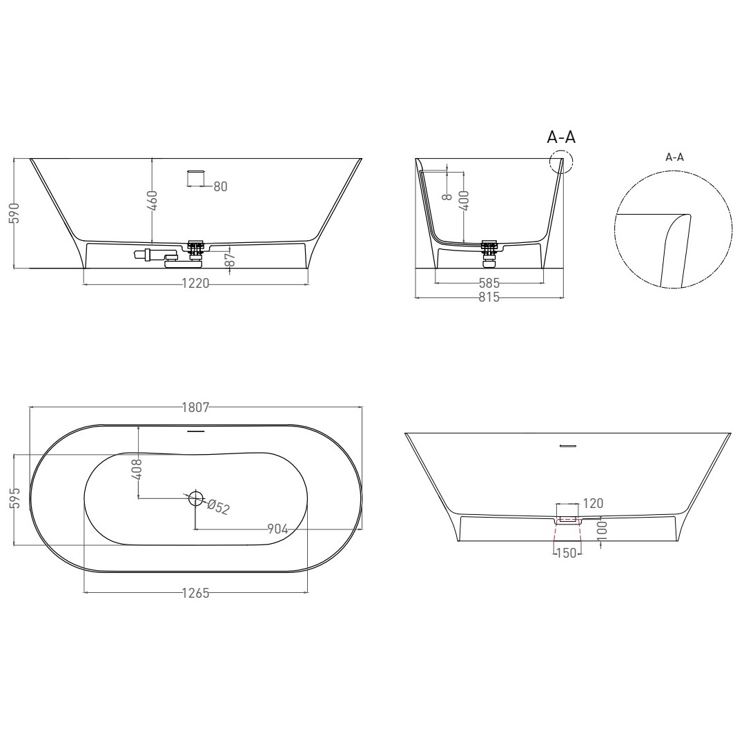 Ванна свободностоящая Salini S-Sense Mona 102911G 180.7х81.5х59 (белый глянцевый), донный клапан, сифон, слив-перелив