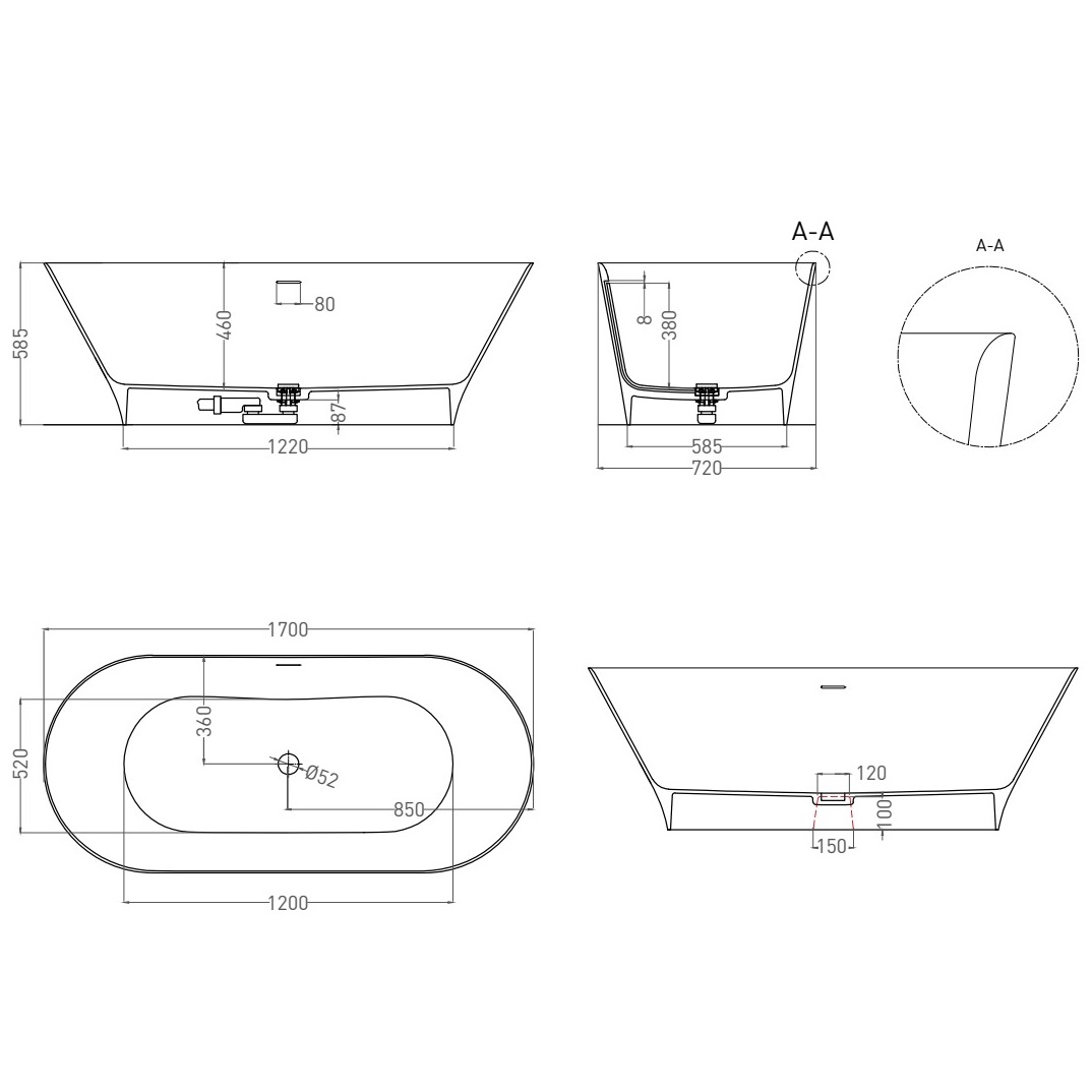 Ванна свободностоящая Salini S-Sense Mona 102912G 170х72х58.5 (белый глянцевый), донный клапан, сифон, слив-перелив