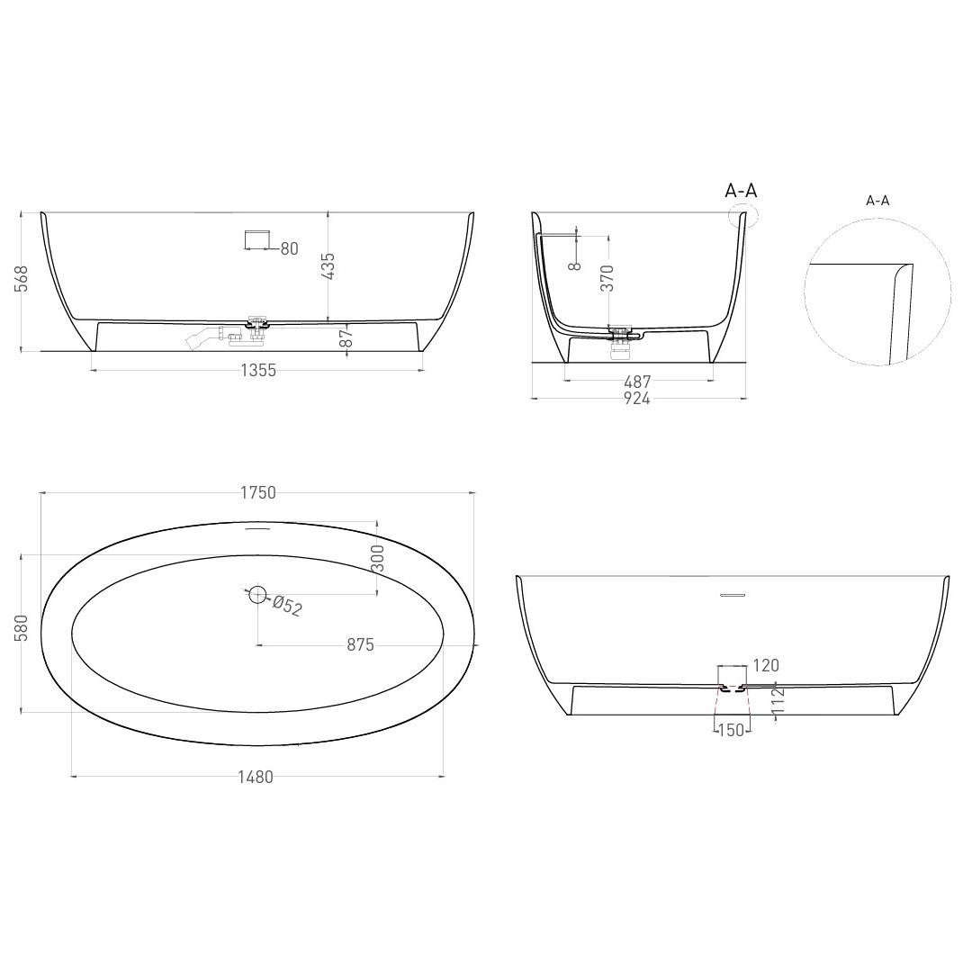 Ванна свободностоящая Salini S-Stone Alda 101911SM 175.5x91x58 (белый матовый), донный клапан, сифон, слив-перелив