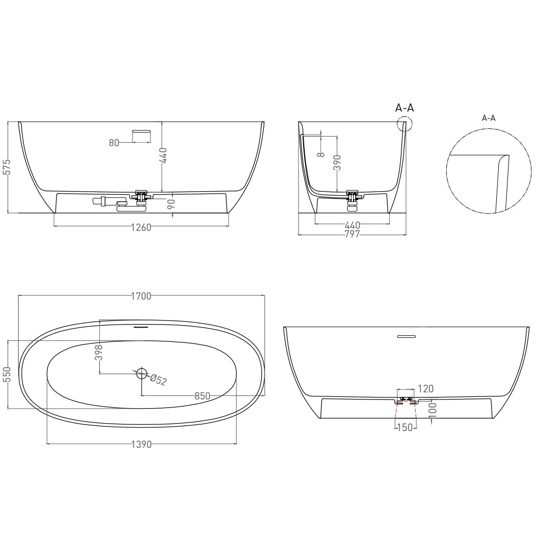 Ванна свободностоящая Salini S-Stone Alda 101922M 170x80x57.5 (белый матовый), донный клапан, сифон, слив-перелив