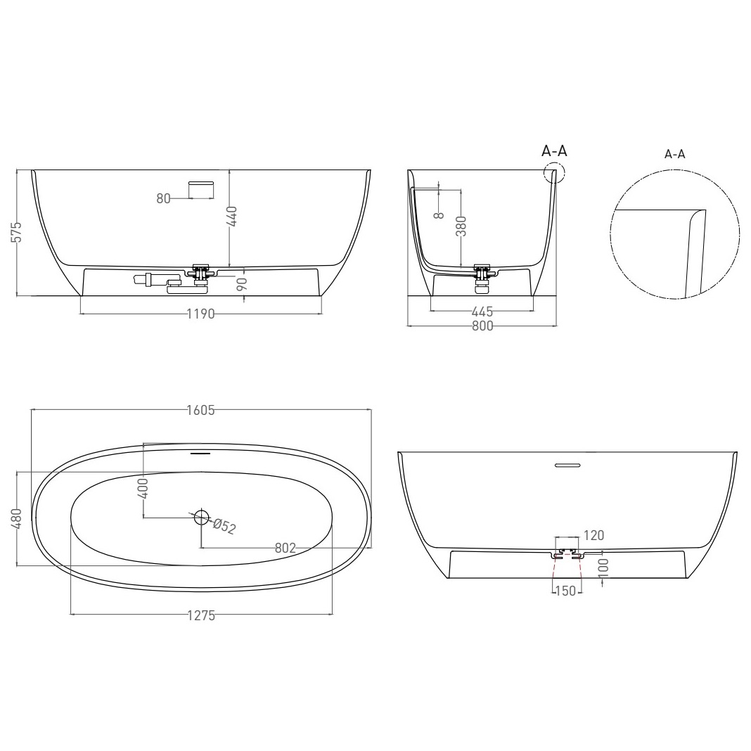 Ванна свободностоящая Salini S-Stone Alda 101923M 160x80x57.5 (белый матовый), донный клапан, сифон, слив-перелив