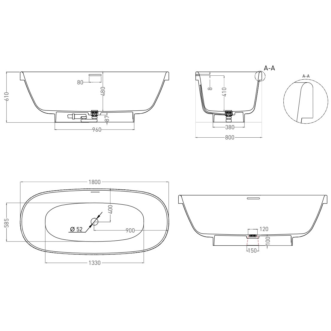 Ванна свободностоящая Salini S-Stone Greca 103121M 180x80x60 (белый матовый), донный клапан, сифон, слив-перелив