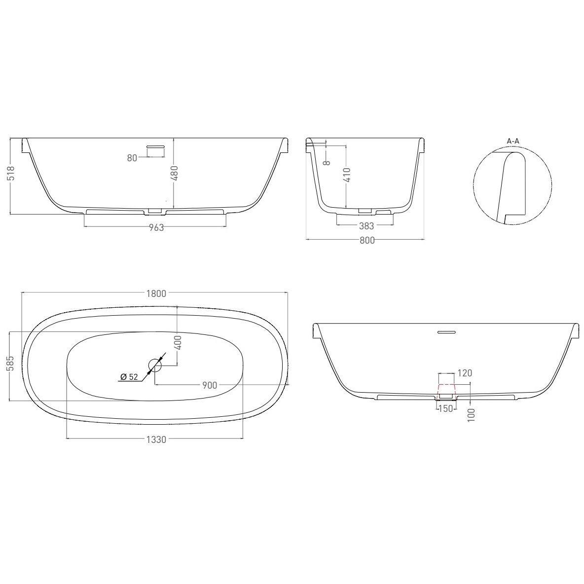 Ванна свободностоящая Salini S-Stone Greca IN 104821MRH 180x80x51.8 (белый матовый внутри, покраска снаружи), донный клапан, сифон, слив-перелив