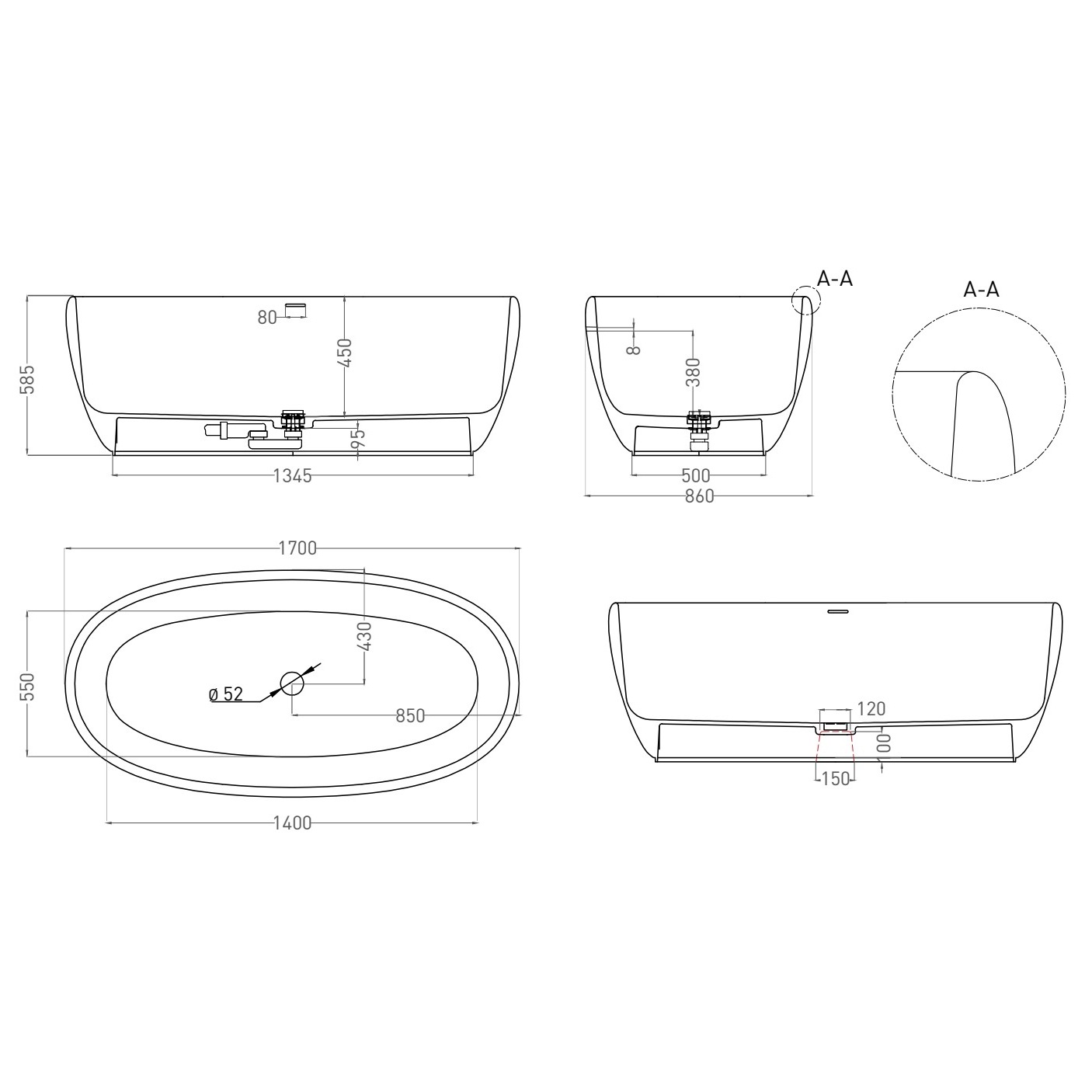 Ванна свободностоящая Salini S-Stone Luce 100121MRF 169х87х58 (покраска полностью, цвет на выбор), донный клапан, сифон, слив-перелив