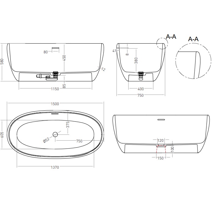 Ванна свободностоящая Salini S-Stone Luce 100122MF 150x75x58 (покраска RAL полностью, матовый), донный клапан, сифон, слив-перелив