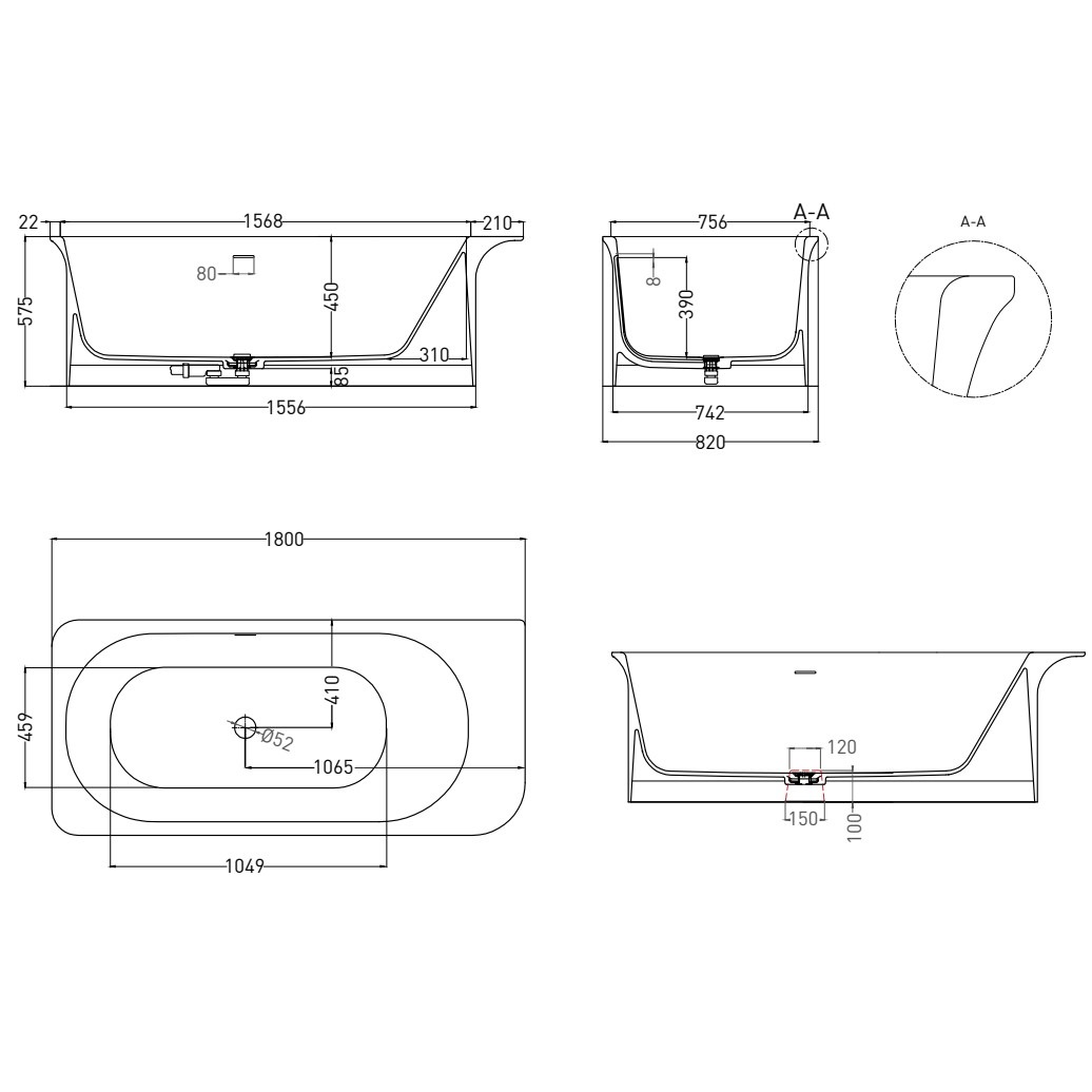 Ванна свободностоящая Salini S-Stone Ninfea 102721MRF 180x82x57.5 (покраска RAL полностью), донный клапан, сифон, слив-перелив