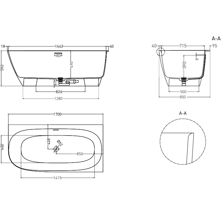 Ванна угловая Salini S-Sense Sofia Corner R 102514GF 170x85x59 (покраска RAL полностью, глянцевый), донный клапан, сифон, слив-перелив, правосторонняя