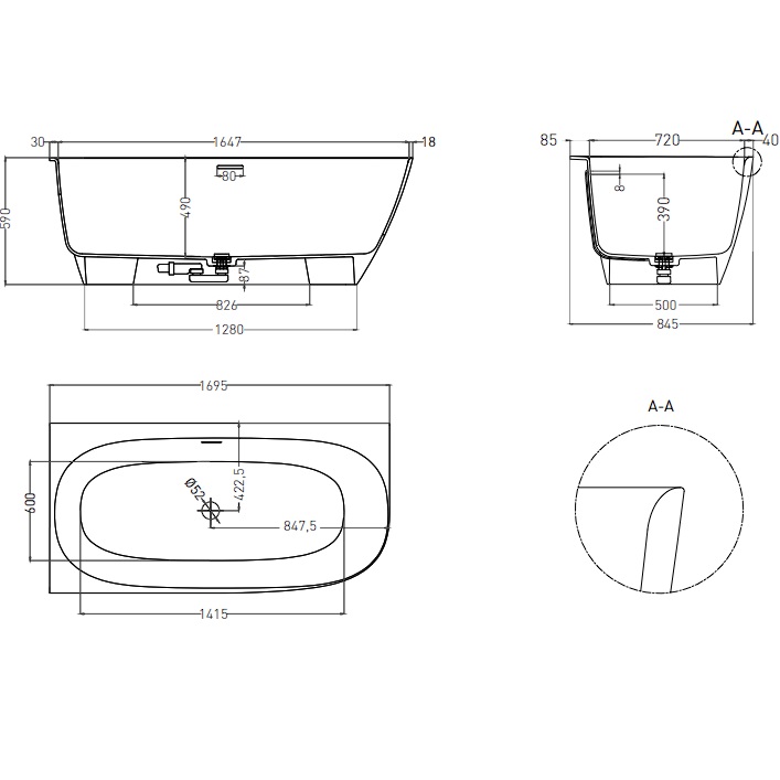 Ванна угловая Salini S-Stone Sofia Corner L 102525MF 170x85x59 (покраска RAL полностью, матовый), донный клапан, сифон, слив-перелив, левосторонняя