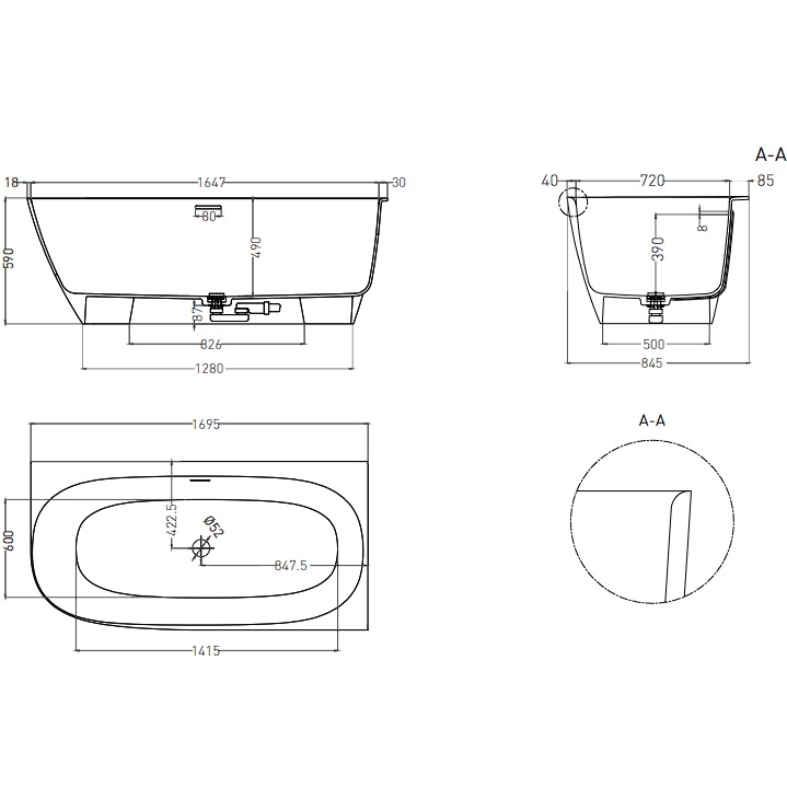 Ванна угловая Salini S-Stone Sofia Corner R 102524M 170x85x59 (белый матовый), донный клапан, сифон, слив-перелив, правосторонняя
