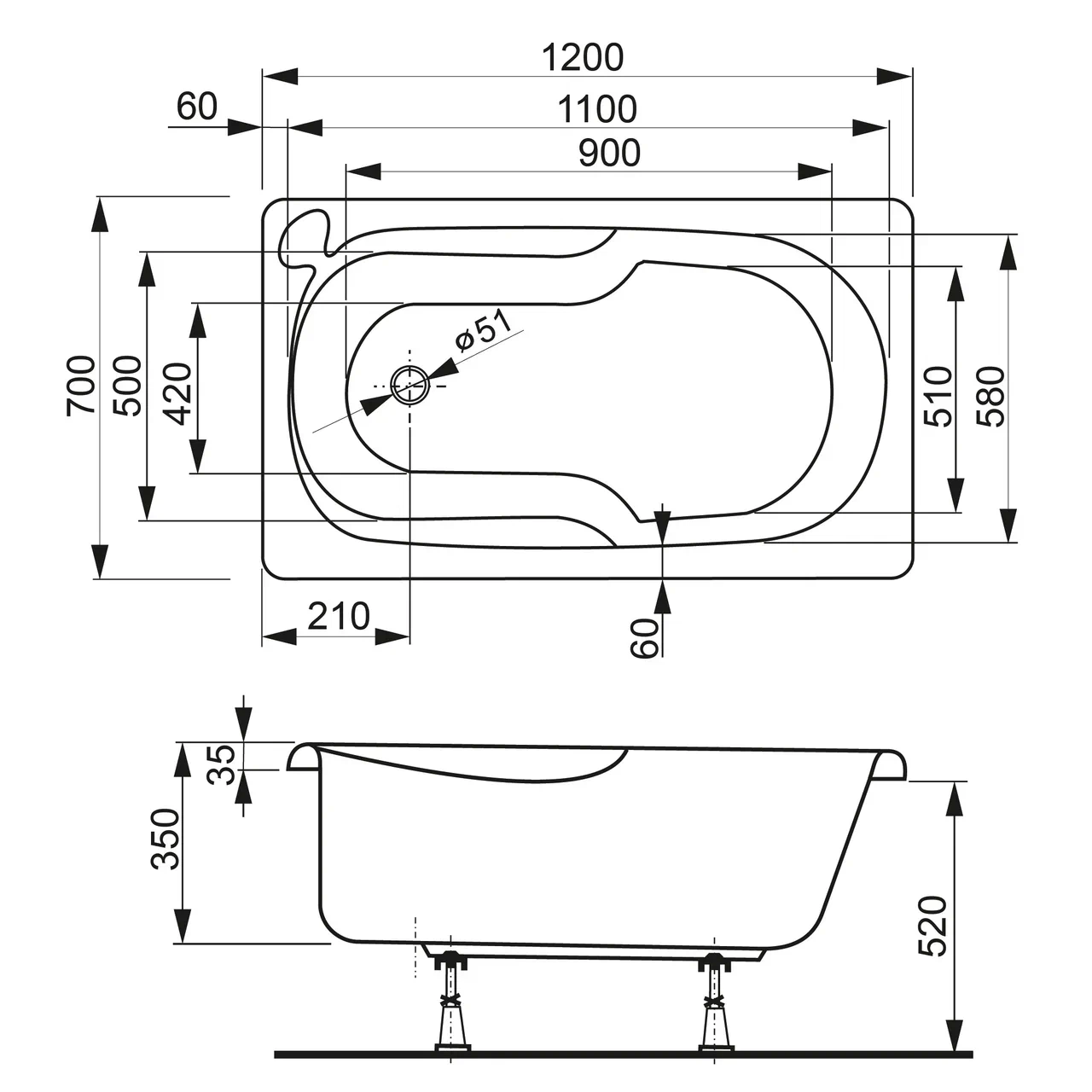 Ванна встраиваемая акриловая Vagnerplast Nike VPBA127NIK2E-04 120x70 (белый)