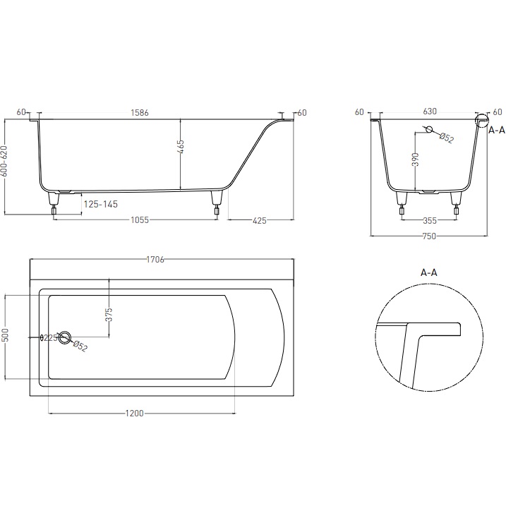 Ванна встраиваемая Salini S-Sense Cascata 104113GF 170.6x75.1x60 (покраска RAL полностью, глянцевый), без донного клапана
