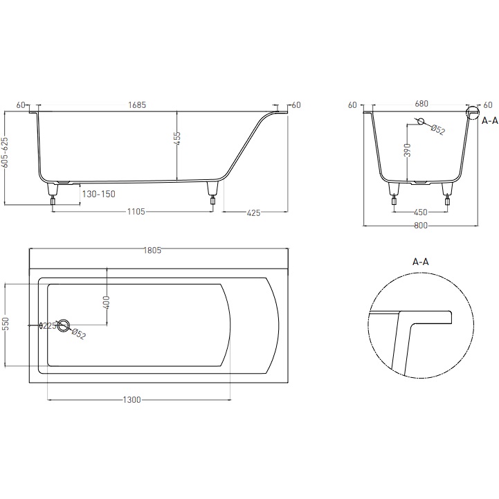 Ванна встраиваемая Salini S-Sense Cascata 104213GF 180.6x80.2x60 (покраска RAL полностью, глянцевый), без донного клапана