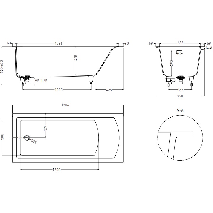 Ванна встраиваемая Salini S-Sense Cascata 104313MF 170.6x75.1x60 (покраска RAL полностью, только светлые оттенки, матовый), донный клапан, сифон, слив-перелив