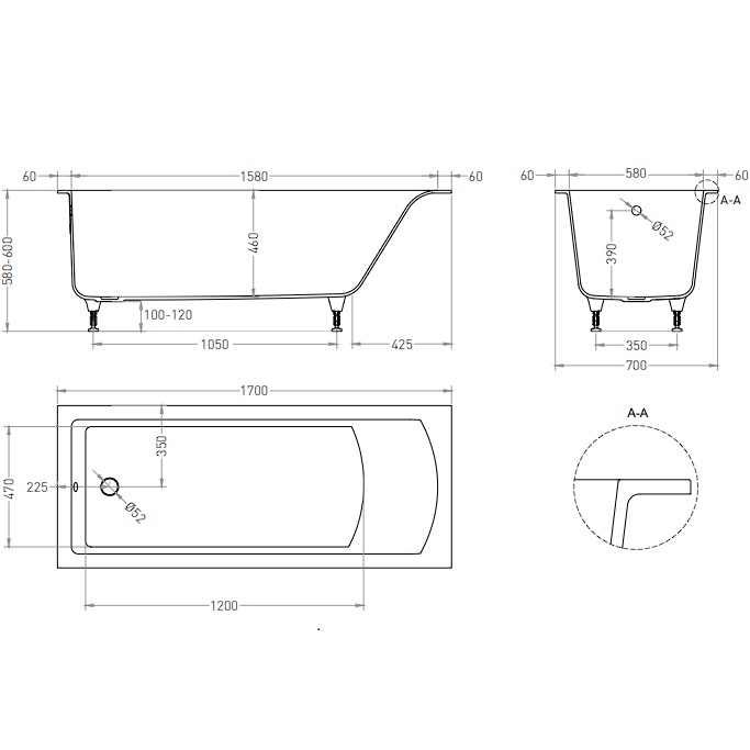 Ванна встраиваемая Salini S-Sense Cascata 104413GF 170x70x55.2 (покраска RAL полностью, глянцевый), без донного клапана