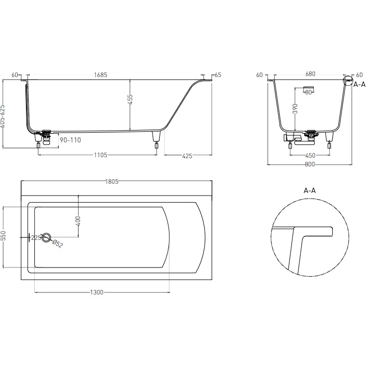 Ванна встраиваемая Salini S-Sense Cascata Kit 104513MF 180.6x80.2x60 (покраска RAL полностью, только светлые оттенки, матовый), донный клапан, сифон, слив-перелив