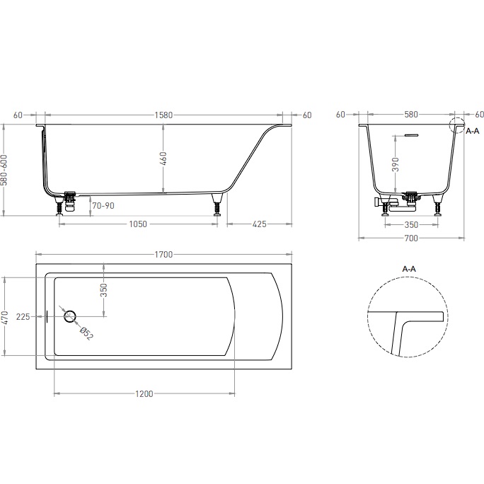Ванна встраиваемая Salini S-Sense Cascata 104813GF 170.6x75.1x60 (покраска RAL полностью, глянцевый), донный клапан, сифон, слив-перелив