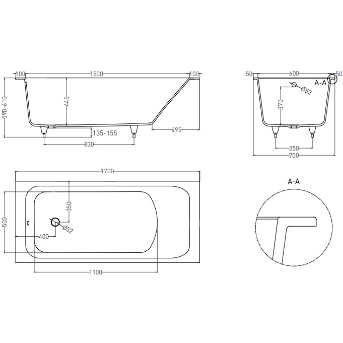 Ванна встраиваемая Salini S-Sense Orlanda 102011G 170x70x 60 (белый глянцевый), без донного клапана