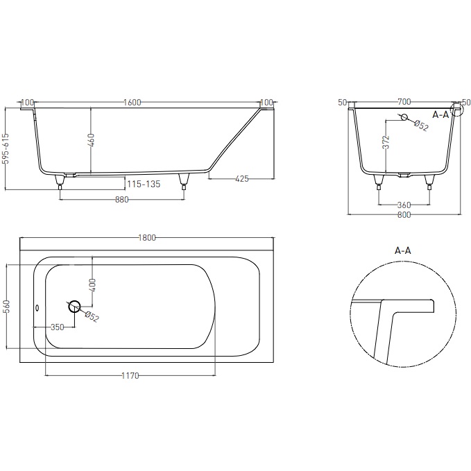 Ванна встраиваемая Salini S-Sense Orlanda 102012GF 180x80x60 (покраска RAL полностью, глянцевый), без донного клапана