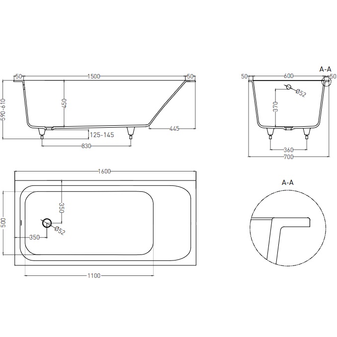 Ванна встраиваемая Salini S-Sense Orlanda 102015GF 160x70x 60 (покраска RAL полностью, глянцевый), без донного клапана