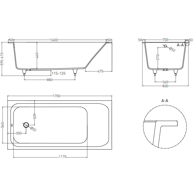 Ванна встраиваемая Salini S-Sense Orlanda 102016G 170x80x60 (белый глянцевый), без донного клапана