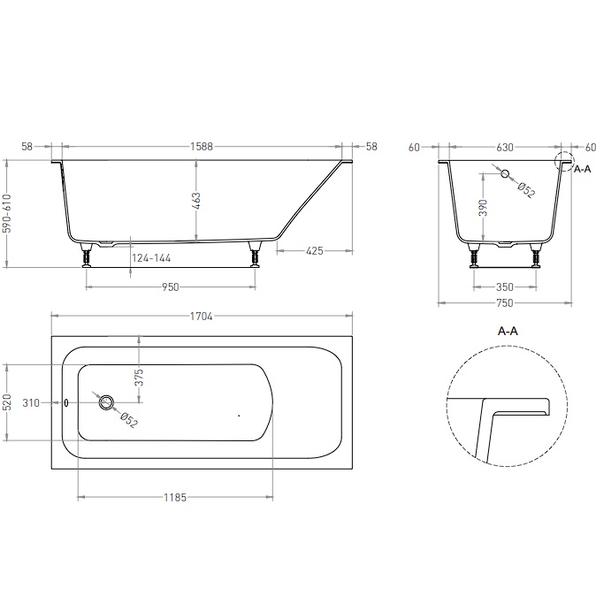 Ванна встраиваемая Salini S-Sense Orlanda 102017MF 170x75x60 (покраска RAL полностью, только светлые оттенки, матовый), без донного клапана
