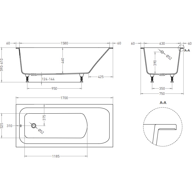 Ванна встраиваемая Salini S-Stone Orlanda 102027M 170x75x60 (белый матовый), без донного клапана
