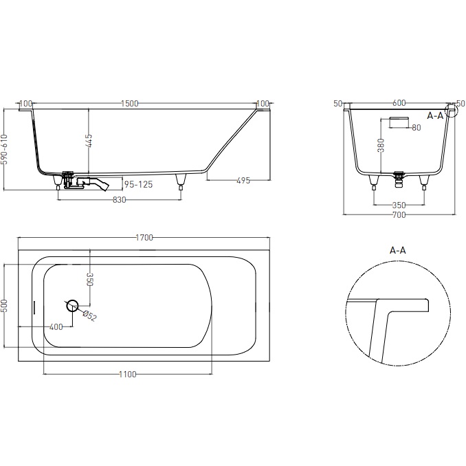 Ванна встраиваемая Salini S-Sense Orlanda 102111G 170x70x60 (белый глянцевый), донный клапан, сифон,  слив-перелив