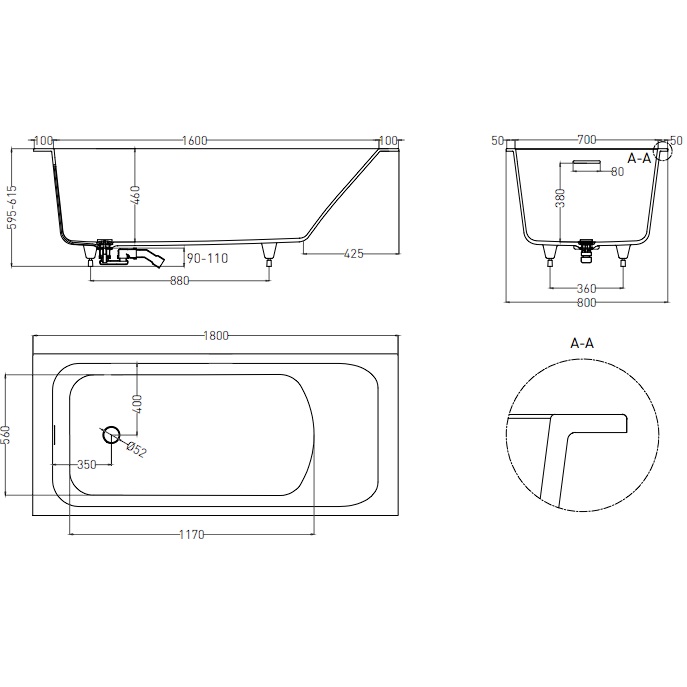 Ванна встраиваемая Salini S-Sense Orlanda 102112G 180x80x60 (белый глянцевый), донный клапан, сифон,  слив-перелив