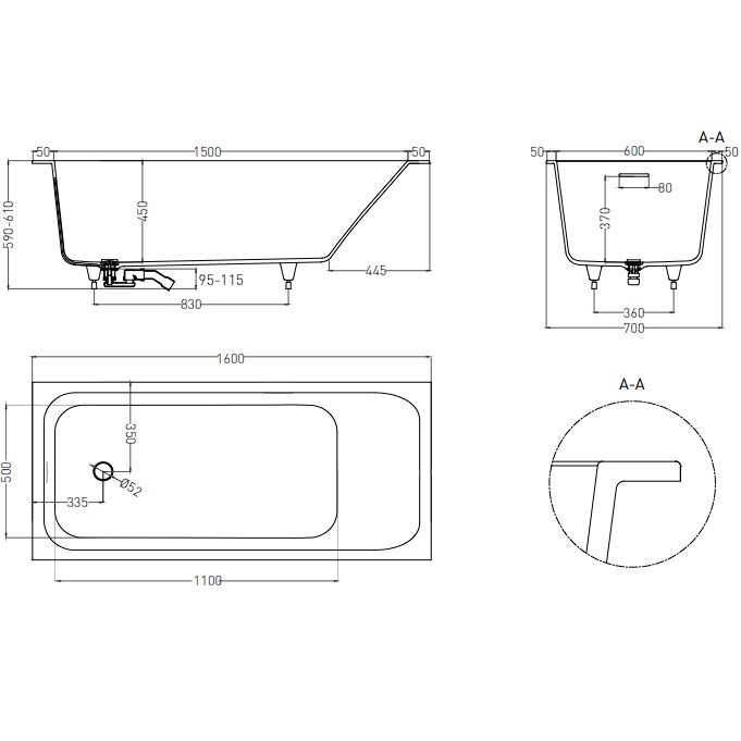 Ванна встраиваемая Salini S-Sense Orlanda 102115GF 160x70x 60 (покраска RAL полностью, глянцевый), донный клапан, сифон,  слив-перелив