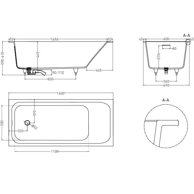 Ванна встраиваемая Salini S-Sense Orlanda 102115MF 160x70x 60 (покраска RAL полностью, только светлые оттенки, матовый), донный клапан, сифон,  слив-перелив