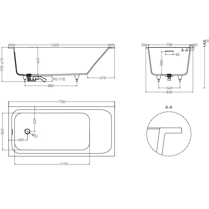 Ванна встраиваемая Salini S-Sense Orlanda 102116M 170x80x60 (белый матовый), донный клапан, сифон, слив-перелив