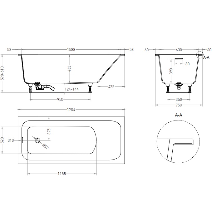 Ванна встраиваемая Salini S-Sense Orlanda 102117GF 170x75x60 (покраска RAL полностью, глянцевый), донный клапан, сифон, слив-перелив