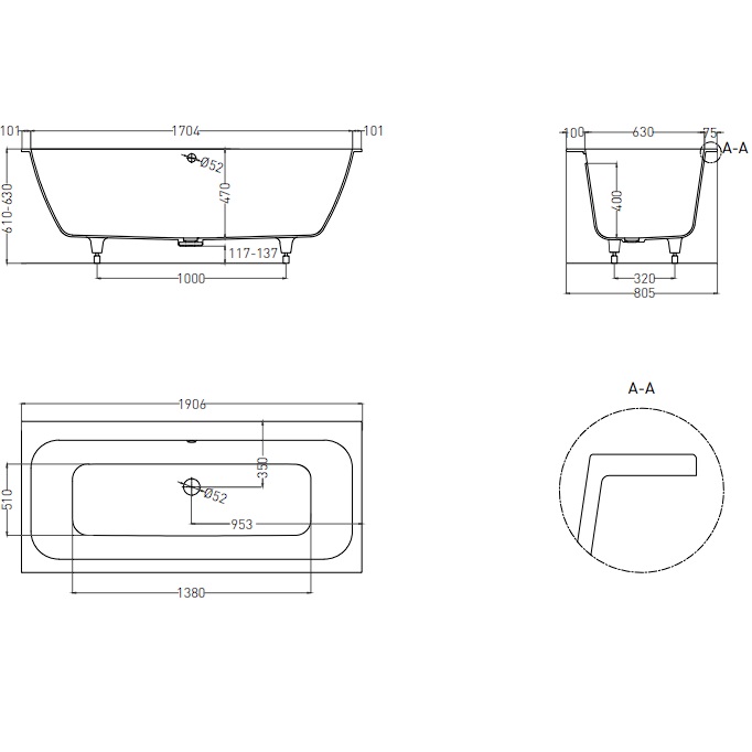 Ванна встраиваемая Salini S-Sense Orlanda Axis 103211MF 191x80.5x60 (покраска RAL полностью, только светлые оттенки, матовый), без донного клапана