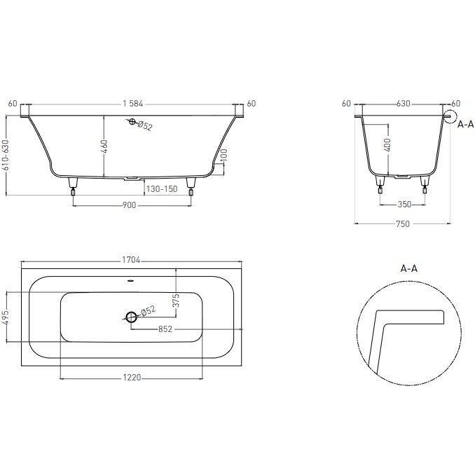Ванна встраиваемая Salini S-Sense Orlanda Axis 103213GF 170x75x60 (покраска RAL полностью, глянцевый), без донного клапана