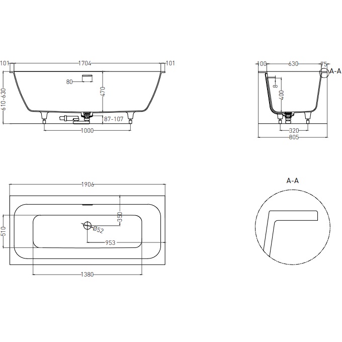 Ванна встраиваемая Salini S-Sense Orlanda Axis Kit 103311MF 191x80.5x60 (покраска RAL полностью, только светлые оттенки, матовый), донный клапан, сифон, слив-перелив