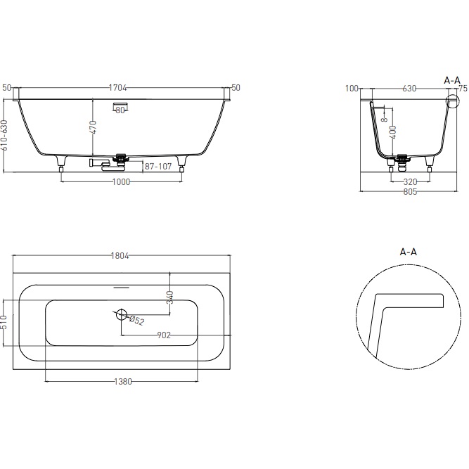 Ванна встраиваемая Salini S-Sense Orlanda Axis Kit 103312G 180x80x60 (белый глянцевый), донный клапан, сифон, слив-перелив