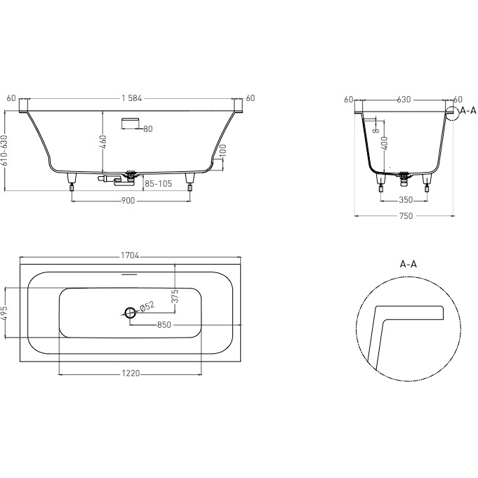 Ванна встраиваемая Salini S-Sense Orlanda Axis Kit 103313GF 170x75x60 (покраска RAL полностью, глянцевый), донный клапан, сифон, слив-перелив