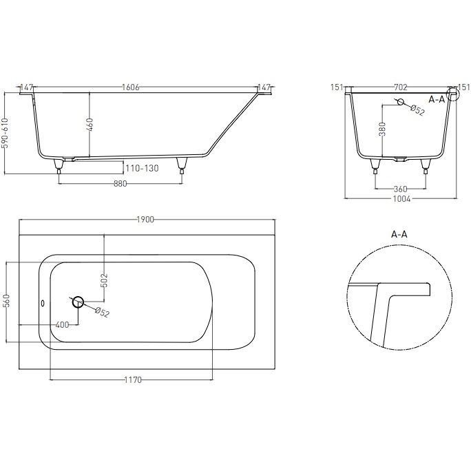 Ванна встраиваемая Salini S-Sense Orlanda Plus 102014G 190x100.4x60 (белый глянцевый), без донного клапана