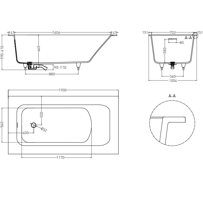 Ванна встраиваемая Salini S-Sense Orlanda Plus Kit 102114G 190x100.4x60 (белый глянцевый), донный клапан, сифон, слив-перелив