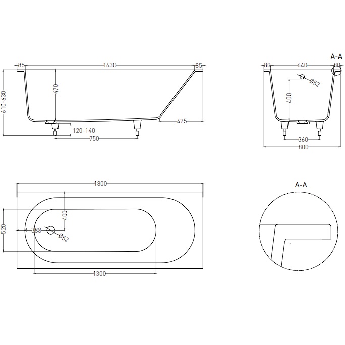 Ванна встраиваемая Salini S-Sense Ornella 102312M 180x80x60 (белый матовый), без донного клапана